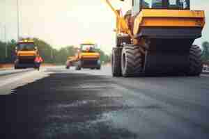 Photo a road roller works on the road ai generated