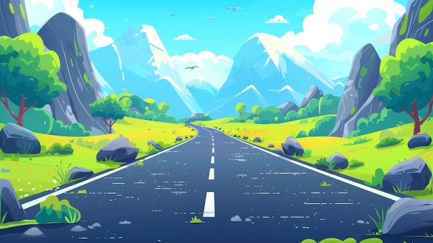 Photo the road runs through summer mountains landscape twolane asphalted straight road rocks trees and greenfield perspective view cartoon modern illustration