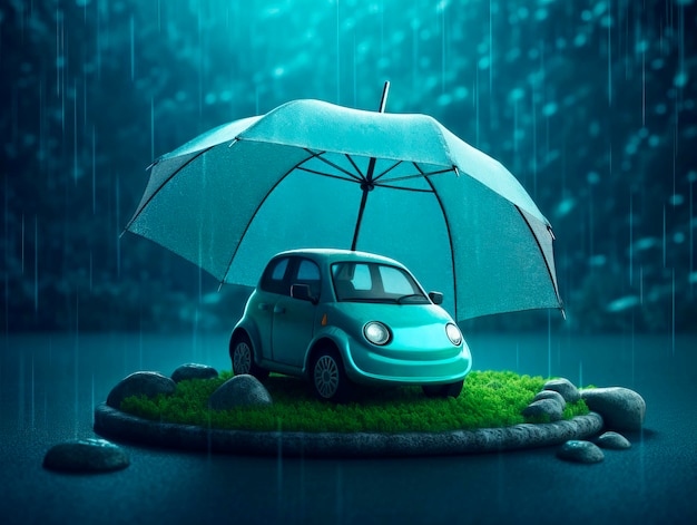 Гарантия безопасности дорожного движения Постоянная поддержка и защита вашего автомобиля Ваша надежная страховая компания Автомобиль под зонтиком в дождливый день Концепция безопасности AI Generative