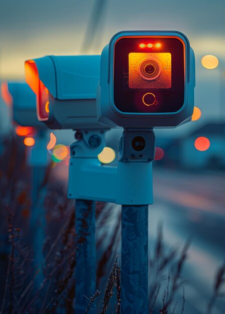 Road safety camera or speed camera on the road with red light