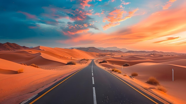 Road in the sahara desert at sunset