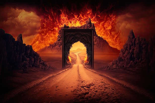 Road in scorched hell with burning hot lava and gate to hell