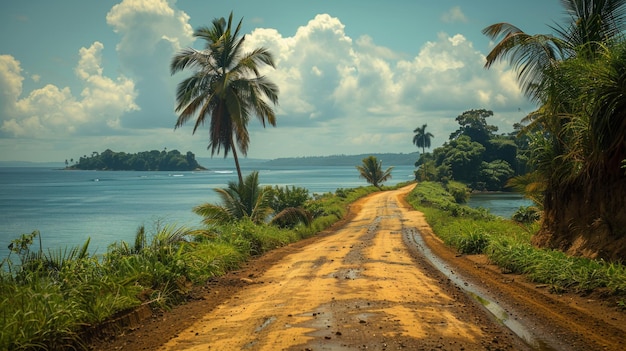 Foto strada verso il mare e palme nella repubblica democratica di são tomé e príncipe