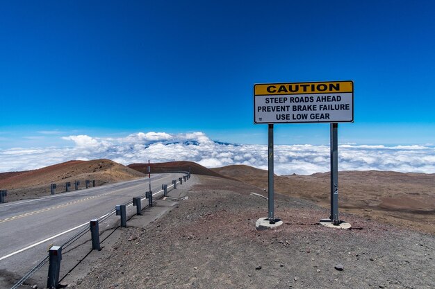 Road sign against mountain