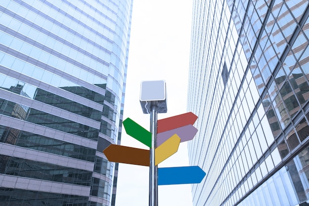 Photo road sign among the modern office buildings in downtown