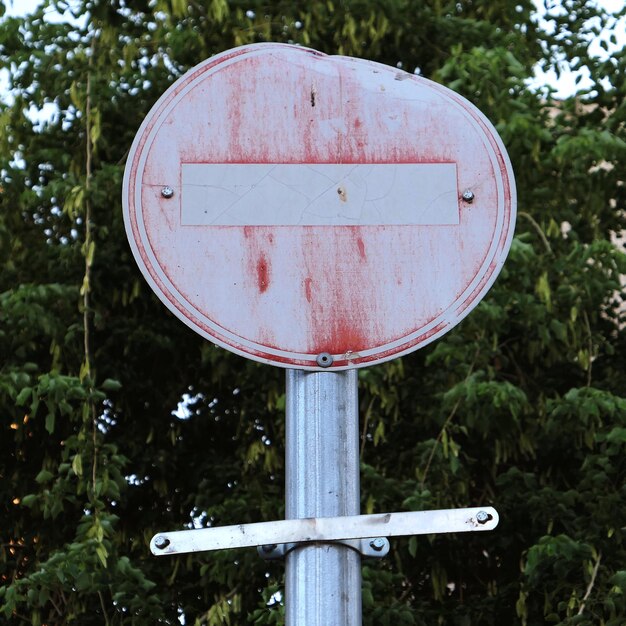 Photo road sign in bad condition against trees