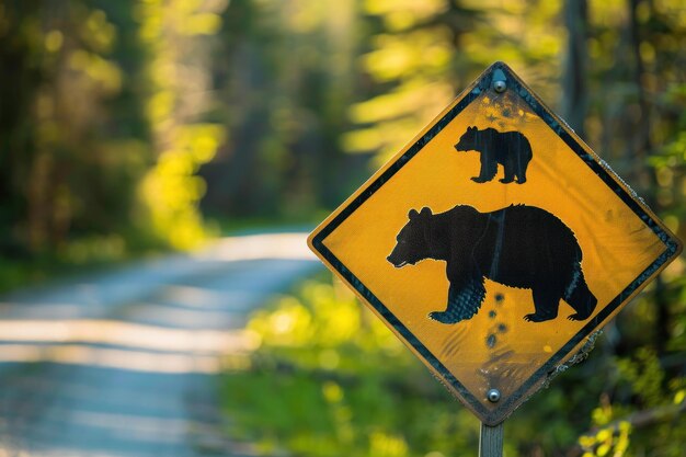 Road Sign Caution bears on a forest road