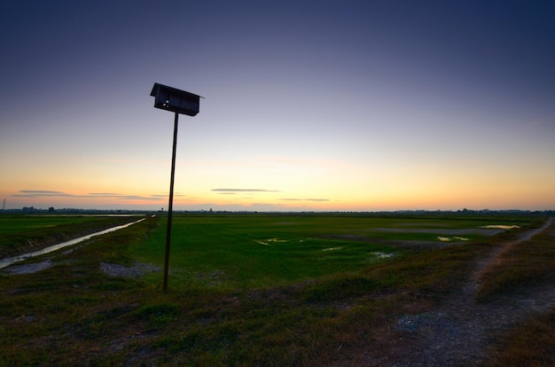 Road sign on field against sky during sunset