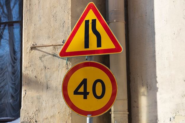 Road sign speed limit forty kilometers. High quality photo