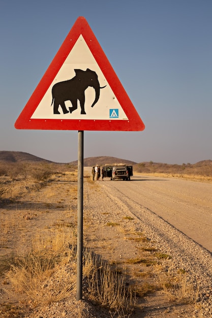 Road sign warns of possible elephants on the road in Namibia