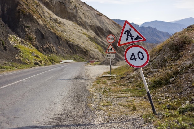 Road signs speed limit road repair work