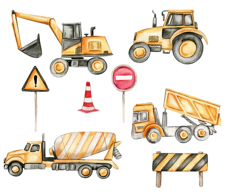 Photo road signs yellow concrete mixer tractor truck and excavator watercolor hand drawn illustration