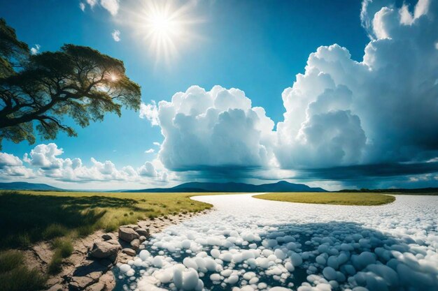 Foto una strada nel cielo con le nuvole e un albero all'orizzonte