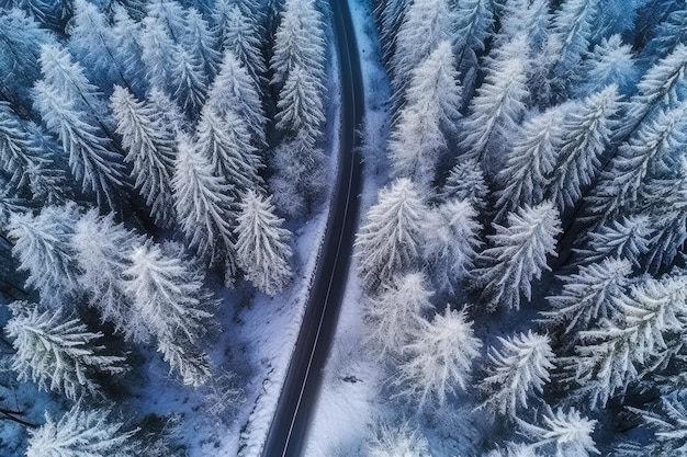 A road in the snow with a snowy forest in the background Generative AI