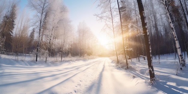 A road in the snow with a sun shining on it