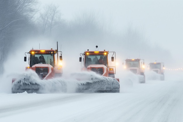 Road snowplows operate in heavy snowfall in countryside