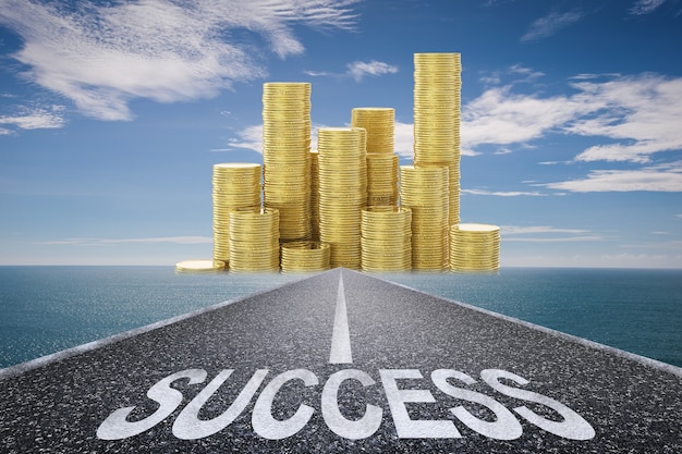 Photo road to success concept with 3d rendered success text on asphalt road and stack of gold coins