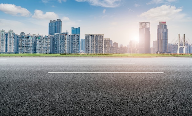 Road surface and Nanchang City Skyline

