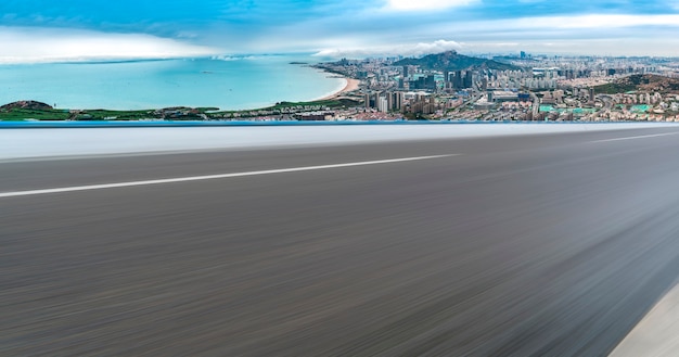 Road surface and urban architectural landscape skyline