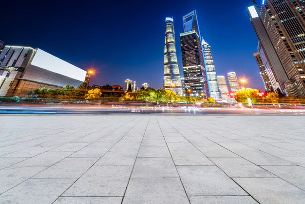 Road surface and urban architectural landscape skyline