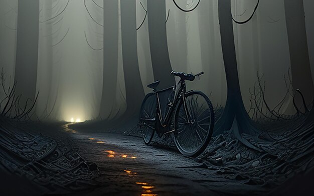 Road surrounded by haunted forest bike