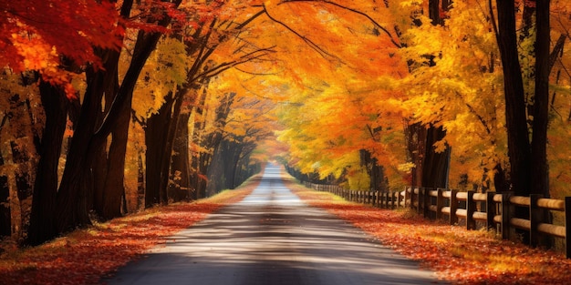 road surrounded by trees covered in colorful autumn leaves