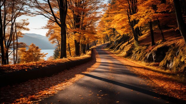 Foto una strada circondata da alberi dai colori vivaci con foglie d'autunno