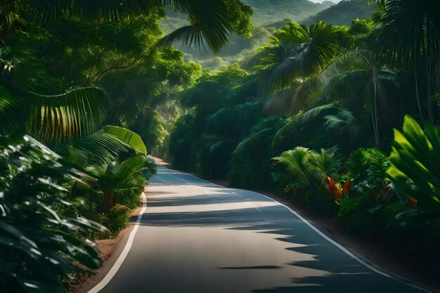 Photo road surrounded with green tropical trees leading to a hotel