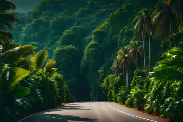 Road surrounded with green tropical trees leading to a hotel