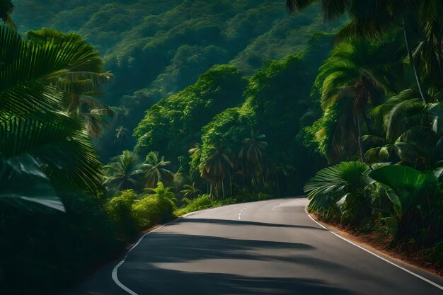 Road surrounded with green tropical trees leading to a hotel