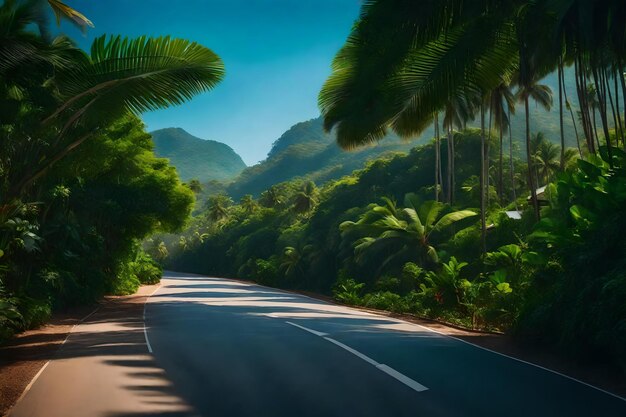 Photo road surrounded with green tropical trees leading to a hotel