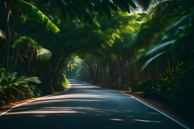 Foto strada circondata da alberi tropicali verdi che portano ad un hotel