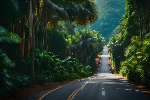 Road surrounded with green tropical trees leading to a hotel