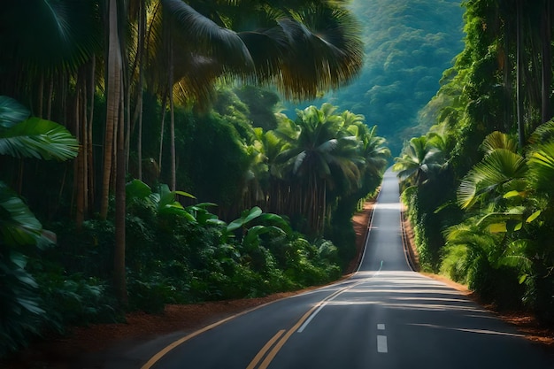 Photo road surrounded with green tropical trees leading to a hotel