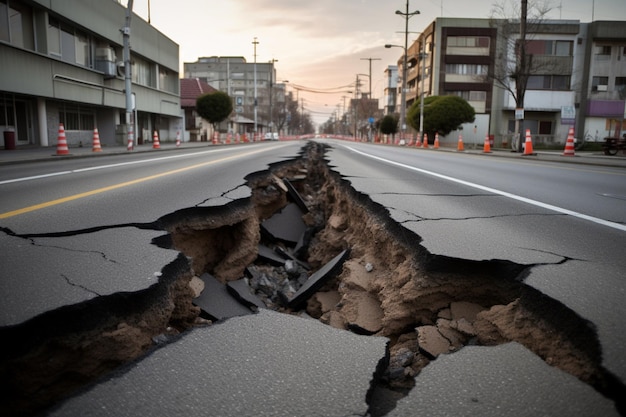 大きな穴が開き、部分的に水が溜まった道路。