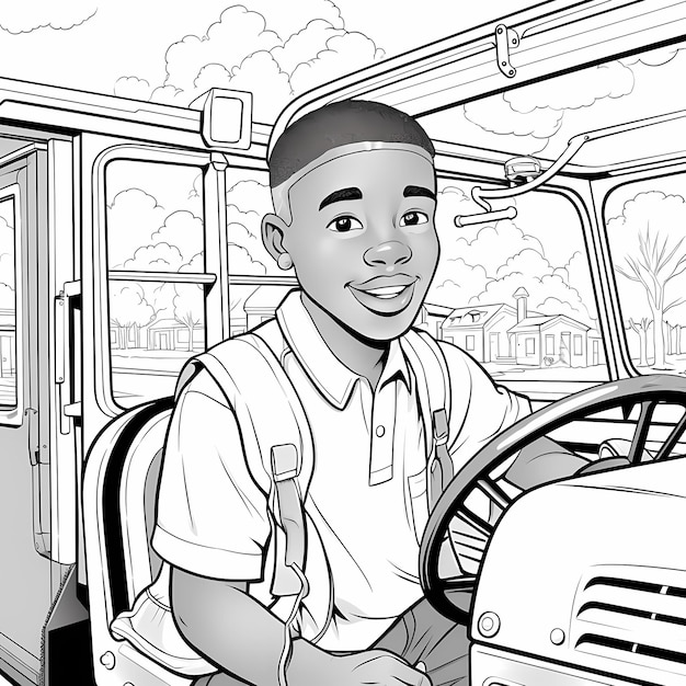 Foto sulla strada colorazione pagina nera autista di autobus scolastico cartone animato