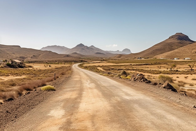 Road though the desert sand dunes and mountains of Morocco and Sahara with blue sky Road with mountain view Generative AI