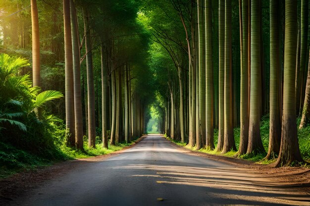 A road through a bamboo forest with a road in the middle.