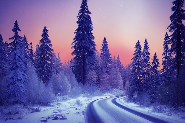 Road Through the Beautiful Winter Spruce Forest 3D Art Work Nature Background