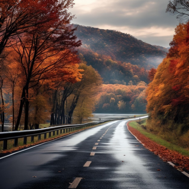 road through dark night forest in autumn AI generated