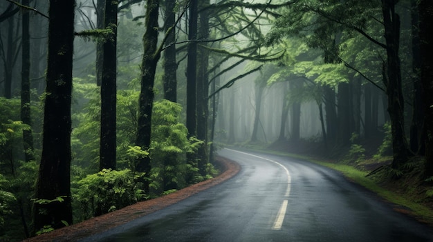 Foto una strada attraverso una fitta foresta nebbiosa