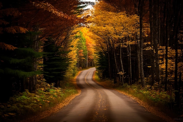 紅葉に染まる森の中の道