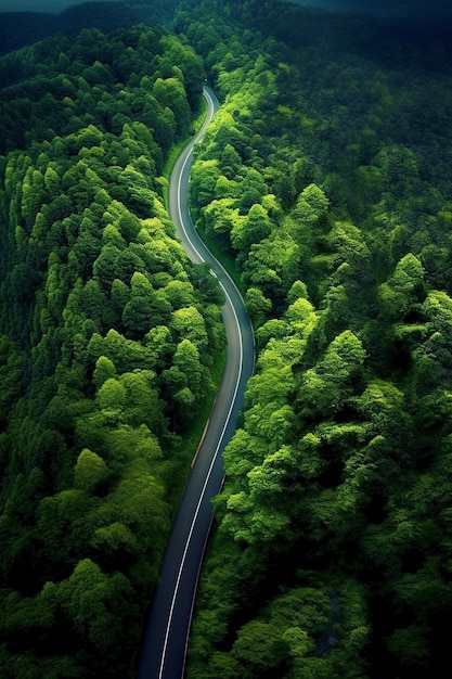 緑の森を背景に森の中を通る道。