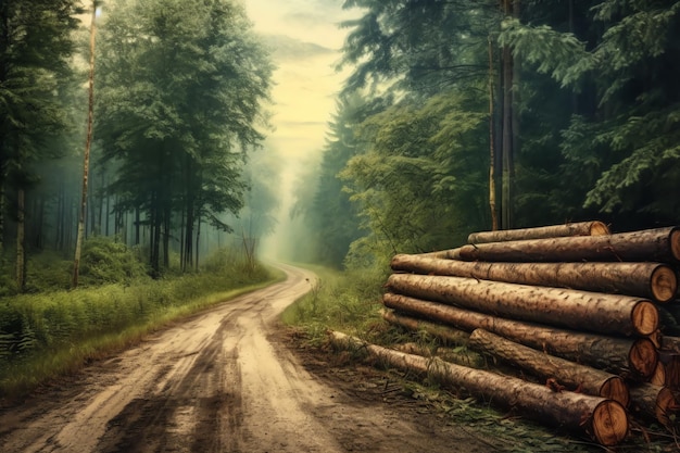 A road through the forest with logs on the side