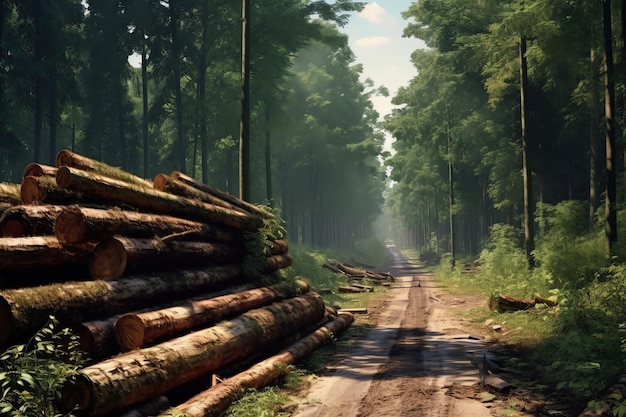 A road through a forest with logs stacked on the side.