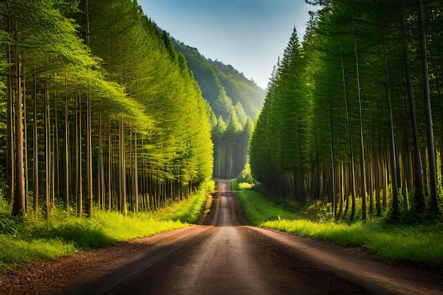 A road through a forest with a mountain in the background