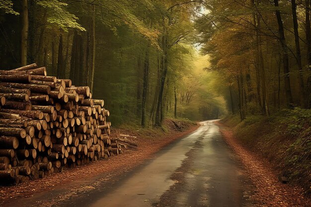 A road through a forest with a pile of logs on the side.