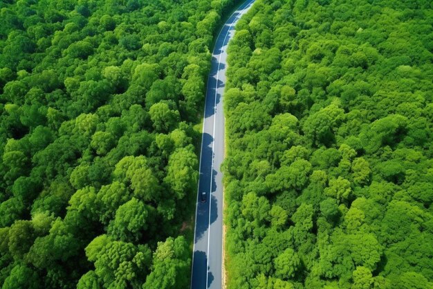 a road through a forest with a road that has a car on it