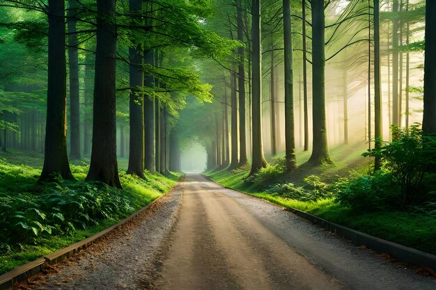 A road through a forest with trees on the left side and the sun shining through the trees