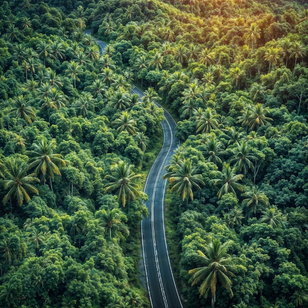 Road through the green jungle forest